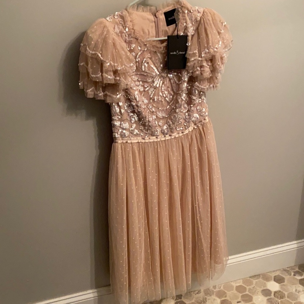 Needle and Thread Ruffle sleeve midi dress In blush